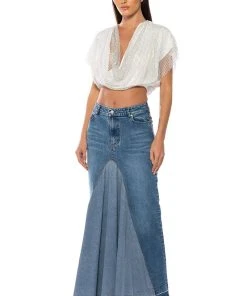 akira shop -akira shop added flare front pleat maxi skirt light blue denim 2 2