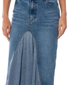 ADDED FLARE FRONT PLEAT MAXI SKIRT -akira shop added flare front pleat maxi skirt light blue denim 7 7