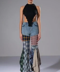 ALEXA PLAID PATCHWORK FLARED JEANS -akira shop alexa plaid patchwork flared jeans multi 3 3