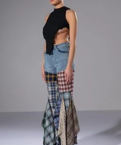 ALEXA PLAID PATCHWORK FLARED JEANS -akira shop alexa plaid patchwork flared jeans multi 5 5