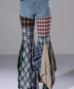 ALEXA PLAID PATCHWORK FLARED JEANS -akira shop alexa plaid patchwork flared jeans multi 7 7