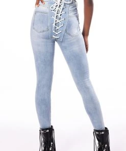 ALL OVER LACE UP BACK SKINNY JEANS -akira shop all over lace up back skinny jeans light blue denim 1 1 c1