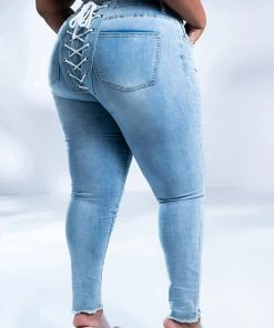 ALL OVER LACE UP BACK SKINNY JEANS -akira shop all over lace up back skinny jeans light blue denim 2 2 c1