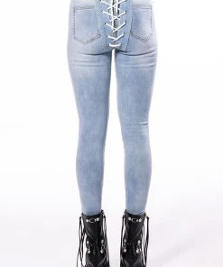 ALL OVER LACE UP BACK SKINNY JEANS -akira shop all over lace up back skinny jeans light blue denim 5 5 c1