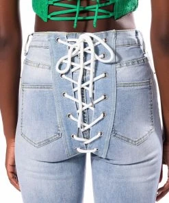 ALL OVER LACE UP BACK SKINNY JEANS -akira shop all over lace up back skinny jeans light blue denim 8 8 c1
