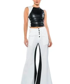 ALWAYS ON FAUX LEATHER CONTRAST TROUSER -akira shop always on faux leather contrast trouser white black 4 4