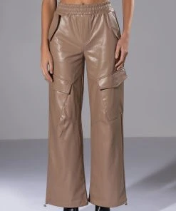ALWAYS WINNING FAUX LEATHER CARGO PANTS IN BEIGE