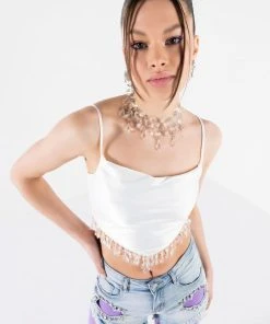 ANGEL BABE BEADED TRIM COWL NECK TANK