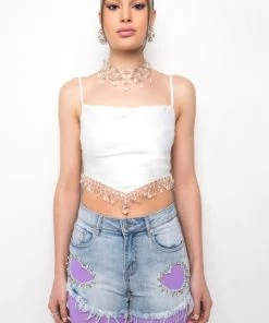 ANGEL BABE BEADED TRIM COWL NECK TANK -akira shop angel babe beaded trim cowl neck tank white 8 8