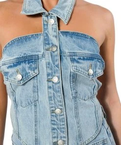 ANGELICA DENIM BUTTON DOWN COLLAR CORSET TOP -akira shop angelica denim button down collar corset top light blue denim 10 10