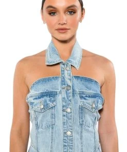 ANGELICA DENIM BUTTON DOWN COLLAR CORSET TOP -akira shop angelica denim button down collar corset top light blue denim 3 3