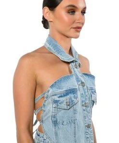 ANGELICA DENIM BUTTON DOWN COLLAR CORSET TOP -akira shop angelica denim button down collar corset top light blue denim 4 4