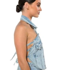 ANGELICA DENIM BUTTON DOWN COLLAR CORSET TOP -akira shop angelica denim button down collar corset top light blue denim 8 8