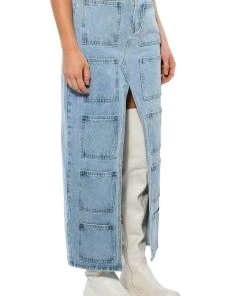 ANGELICA DENIM MIDI OPEN SLIT SKIRT -akira shop angelica denim midi open slit skirt light blue denim 3 3