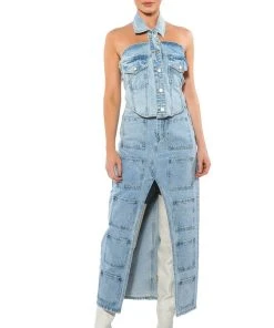 ANGELICA DENIM MIDI OPEN SLIT SKIRT -akira shop angelica denim midi open slit skirt light blue denim 4 4