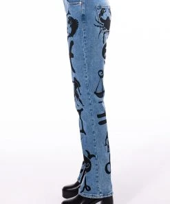 ASTROLOGICAL PRINTED HIGH RISE STRAIGHT LEG JEAN -akira shop astrological printed high rise straight leg jean medium blue denim 4 4