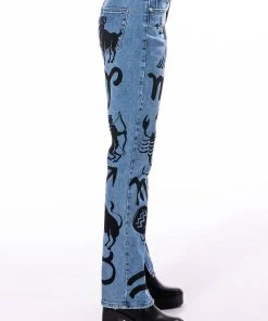 ASTROLOGICAL PRINTED HIGH RISE STRAIGHT LEG JEAN -akira shop astrological printed high rise straight leg jean medium blue denim 5 5