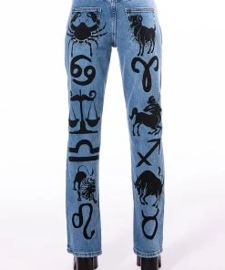 ASTROLOGICAL PRINTED HIGH RISE STRAIGHT LEG JEAN -akira shop astrological printed high rise straight leg jean medium blue denim 6 6
