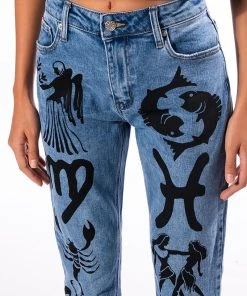 ASTROLOGICAL PRINTED HIGH RISE STRAIGHT LEG JEAN -akira shop astrological printed high rise straight leg jean medium blue denim 7 7