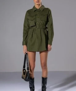 ATTENTION CARGO LONG SLEEVE MINI DRESS -akira shop attention cargo long sleeve mini dress olive 3 3