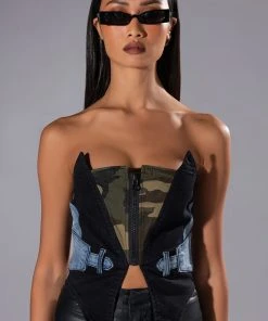 AVIATOR CAMO AND DENIM CORSET TOP