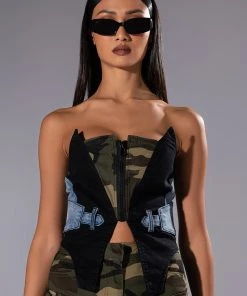 AVIATOR CAMO AND DENIM CORSET TOP -akira shop aviator camo and denim corset top green multi 6 6