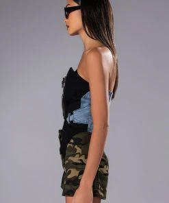 AVIATOR CAMO AND DENIM CORSET TOP -akira shop aviator camo and denim corset top green multi 7 7