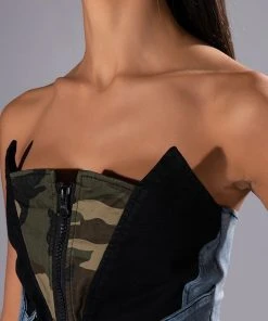 AVIATOR CAMO AND DENIM CORSET TOP -akira shop aviator camo and denim corset top green multi 9 9