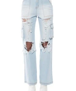 BE REAL DISTRESSED CARGO HIGH RISE JEANS -akira shop be real distressed cargo high rise jeans light blue denim 5 5