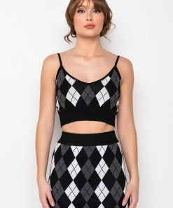 BIRDIE ARGYLE KNIT CROP TOP -akira shop birdie argyle knit crop top black multi 3 3