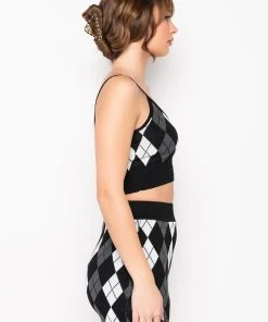 BIRDIE ARGYLE KNIT CROP TOP -akira shop birdie argyle knit crop top black multi 4 4
