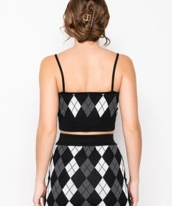 BIRDIE ARGYLE KNIT CROP TOP -akira shop birdie argyle knit crop top black multi 5 5