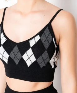 BIRDIE ARGYLE KNIT CROP TOP -akira shop birdie argyle knit crop top black multi 6 6