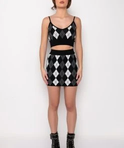 BIRDIE ARGYLE KNIT CROP TOP -akira shop birdie argyle knit crop top black multi 7 7