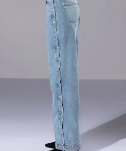 BLESSED MESS SIDE SNAP HIGH RISE JEANS -akira shop blessed mess side snap high rise jeans light blue denim 4 4