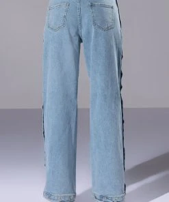 BLESSED MESS SIDE SNAP HIGH RISE JEANS -akira shop blessed mess side snap high rise jeans light blue denim 5 5