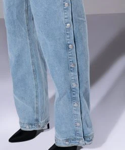 BLESSED MESS SIDE SNAP HIGH RISE JEANS -akira shop blessed mess side snap high rise jeans light blue denim 6 6