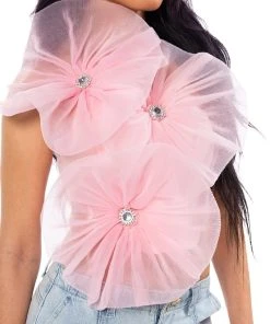 BLOSSOM TEXTURED FLOWER ONE SHOULDER CROP TOP -akira shop blossom textured flower one shoulder crop top pink 10 10
