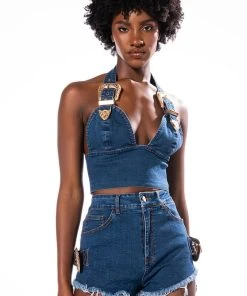 BLUE JEAN BABY BUCKLE HALTER CROP TOP 11 BLUE JEAN BABY BUCKLE HALTER CROP TOP -akira shop blue jean baby buckle halter crop top medium blue denim 2 2 c1