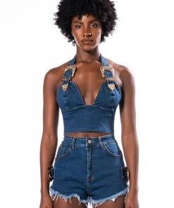 BLUE JEAN BABY BUCKLE HALTER CROP TOP 13 BLUE JEAN BABY BUCKLE HALTER CROP TOP -akira shop blue jean baby buckle halter crop top medium blue denim 4 4 c1