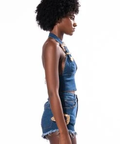 BLUE JEAN BABY BUCKLE HALTER CROP TOP 14 BLUE JEAN BABY BUCKLE HALTER CROP TOP -akira shop blue jean baby buckle halter crop top medium blue denim 5 5 c1