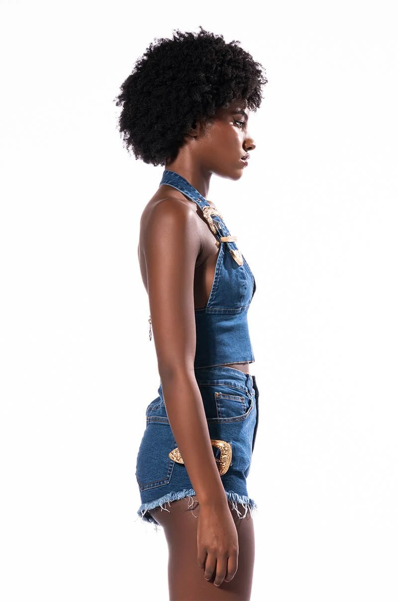 BLUE JEAN BABY BUCKLE HALTER CROP TOP 7 BLUE JEAN BABY BUCKLE HALTER CROP TOP - Image 5