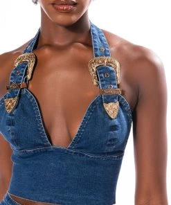 BLUE JEAN BABY BUCKLE HALTER CROP TOP 16 BLUE JEAN BABY BUCKLE HALTER CROP TOP -akira shop blue jean baby buckle halter crop top medium blue denim 7 7 c1