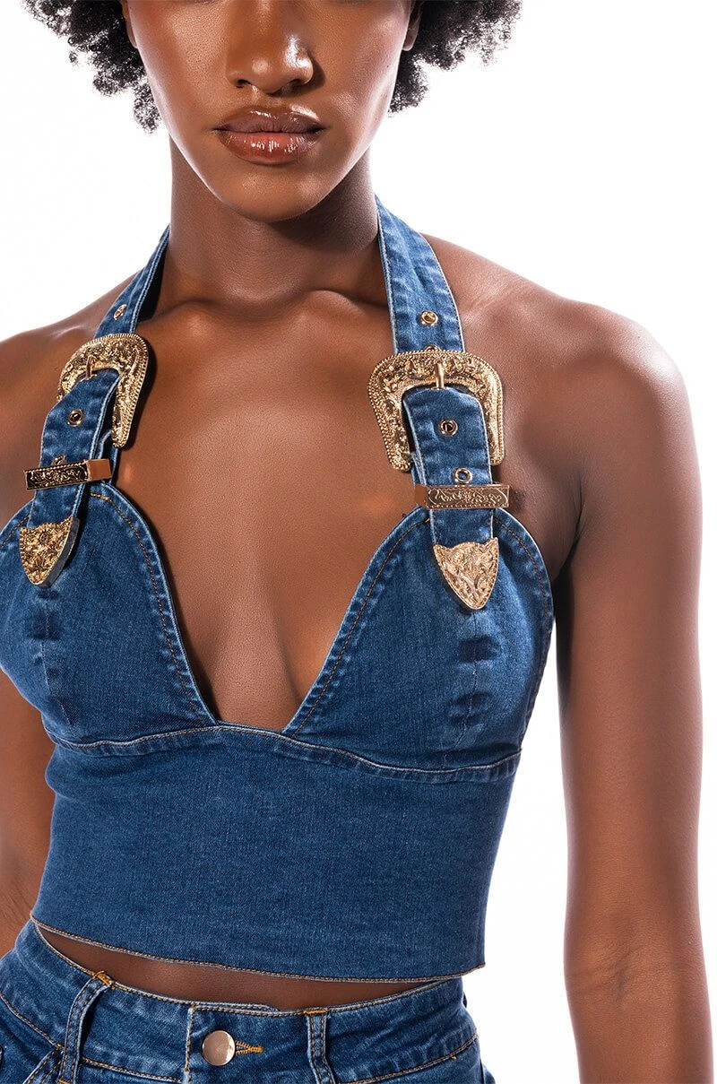 BLUE JEAN BABY BUCKLE HALTER CROP TOP 9 BLUE JEAN BABY BUCKLE HALTER CROP TOP - Image 7