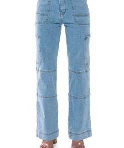 BLUE JEAN BABY WIDE LEG UTILITY JEANS -akira shop blue jean baby wide leg utility jeans medium blue denim 7 7