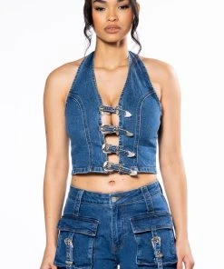 CALYPSO DENIM HALTER NECK TOP -akira shop calypso denim halter neck top dark blue 3 3