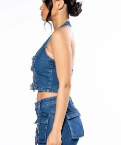 CALYPSO DENIM HALTER NECK TOP -akira shop calypso denim halter neck top dark blue 4 4