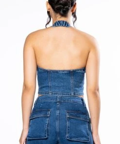 CALYPSO DENIM HALTER NECK TOP -akira shop calypso denim halter neck top dark blue 5 5
