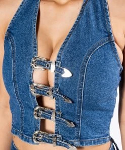 CALYPSO DENIM HALTER NECK TOP -akira shop calypso denim halter neck top dark blue 6 6