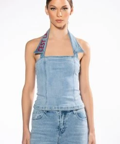 C'EST LA VIE DENIM TOP -akira shop cest la vie denim top light blue denim 4 4 c1 c1 c1 c1